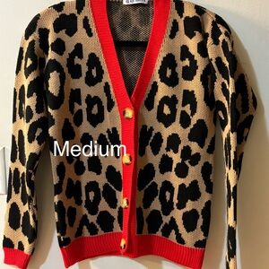 Leopard Print Cardigan Sweater with Red Trim
